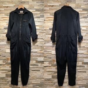 Current/Elliott Dark Wash Denim Utility Coverall Jumpsuit | Model-Off-Duty